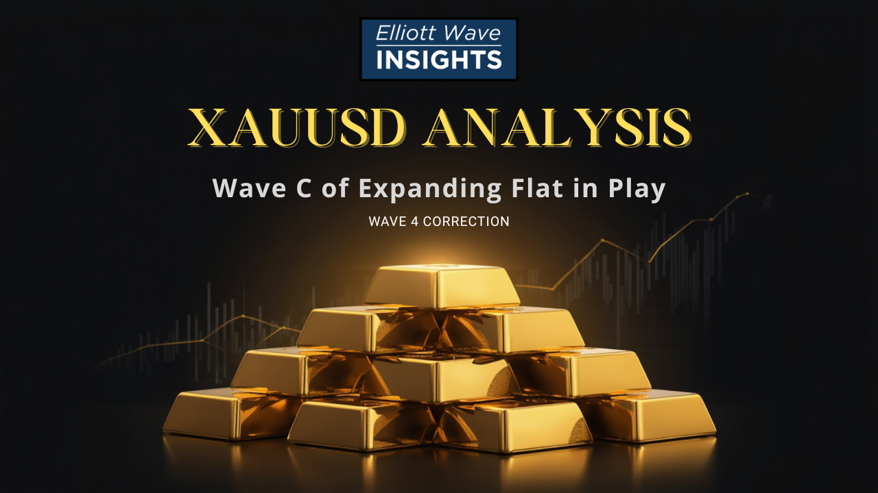 Video Analysis 1 Elliott Wave DXY Gold GBPJPY analysis showing XAUUSD expanding flat correction with Wave C ending diagonal pattern and gold bullion bars illustration
