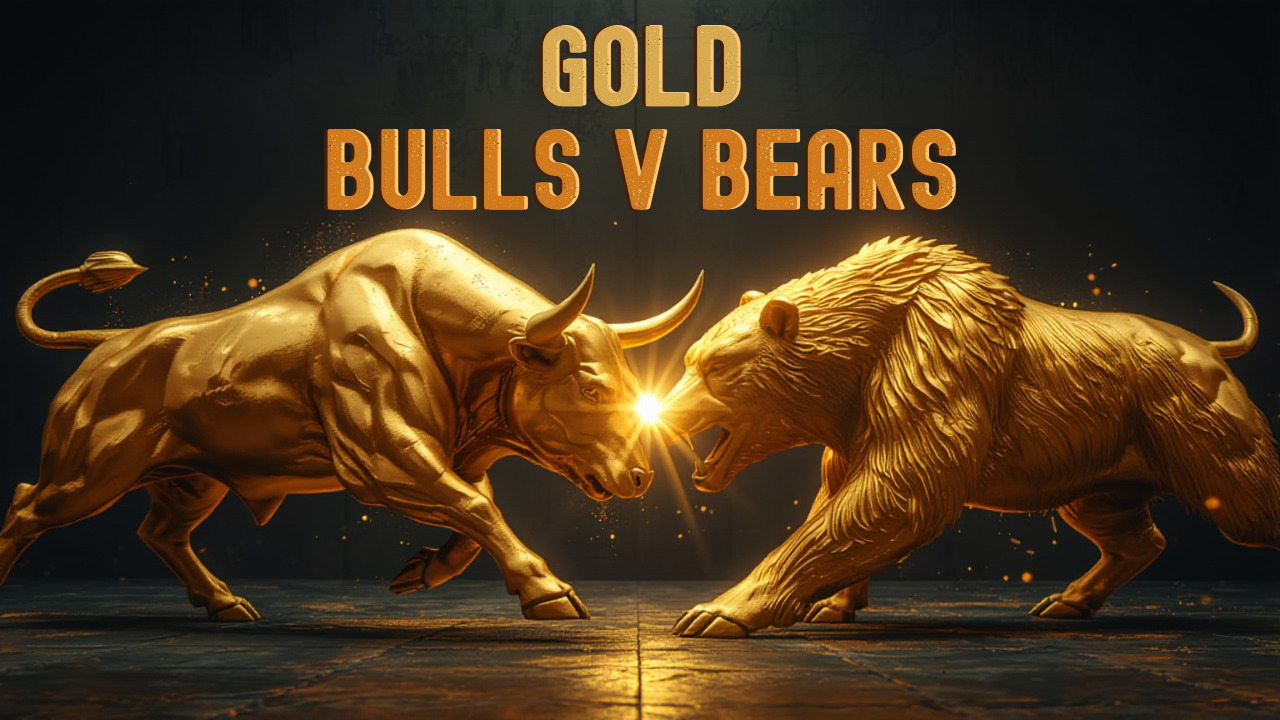 Gold bull and bear facing off illustrating XAUUSD intraday Elliott Wave bullish and bearish scenarios at key technical confluence.